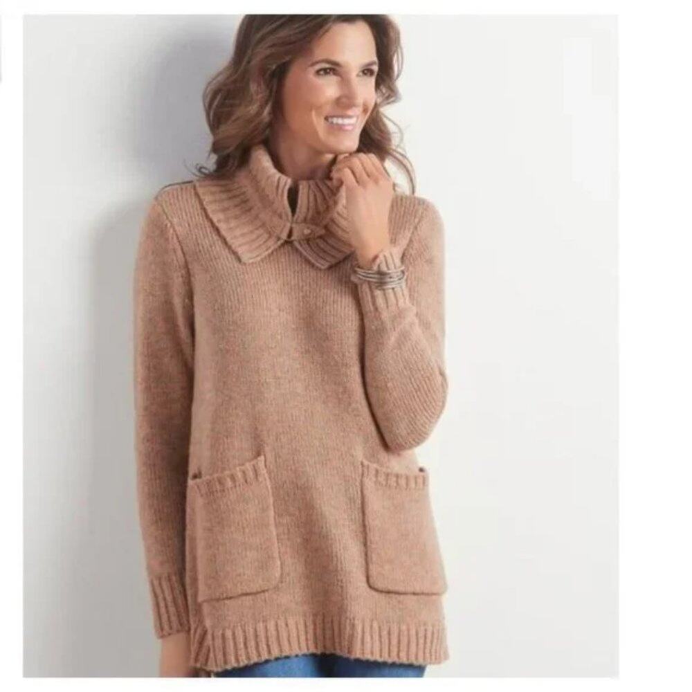 Soft Surroundings L Oversized Janya Sweater Large Camel Knit Pockets Minimalist